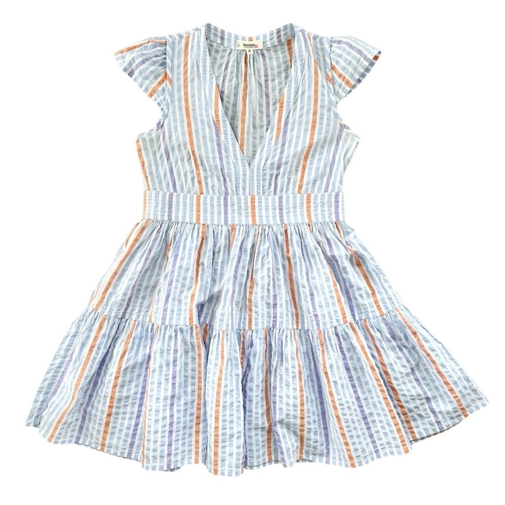 Lemlem Blue Striped Mini Dress Small Tencel Cotton Blend Flutter Sleeve Coastal‎